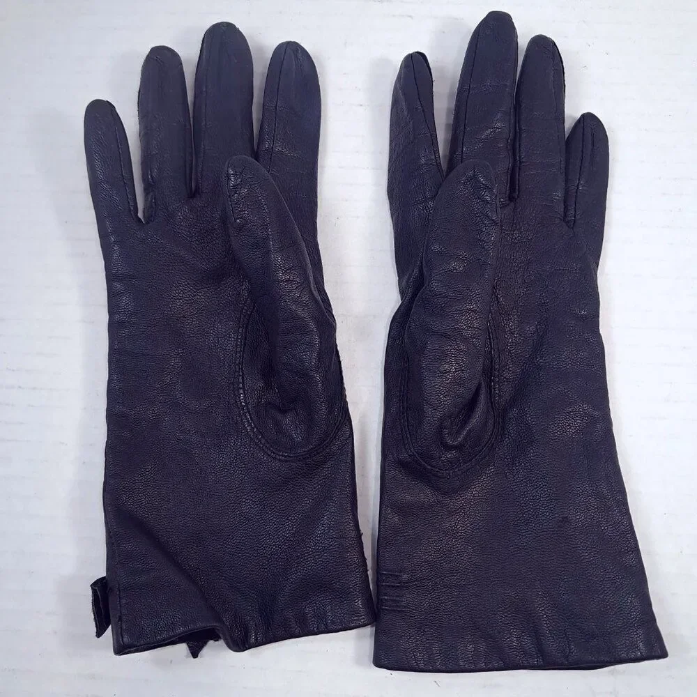 Fownes Leather Gloves women's sz 7 black bow Antron lining Made in Philippines‎